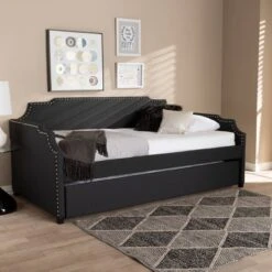 Twin Ally Fabric Upholstered Sofa Daybed With Roll Out Trundle Guest Bed Dark Gray - Baxton Studio -Kids’ Furniture Store GUEST fe08012f 2bf6 491f a494 de78d820116f
